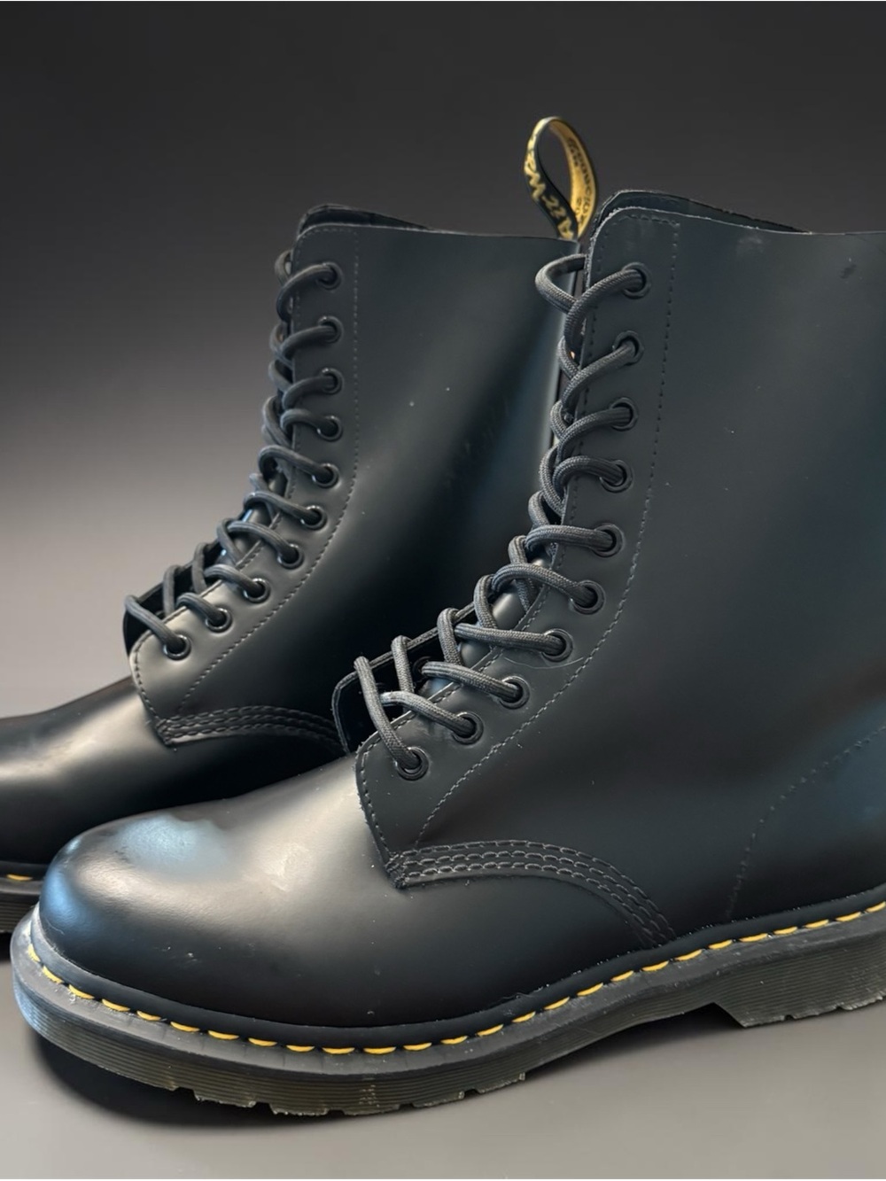Dr. Martens Black Leather Lace-Up 8-Eye Boots with Yellow Welt Stitching
